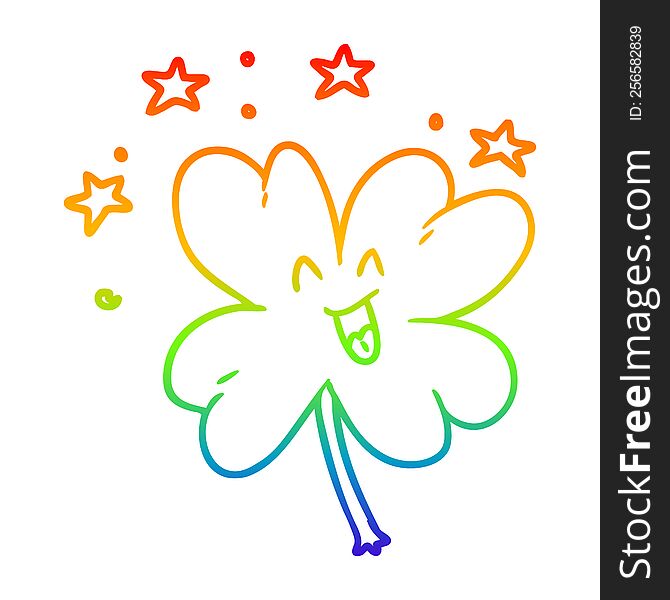 rainbow gradient line drawing of a happy cartoon four leaf clover