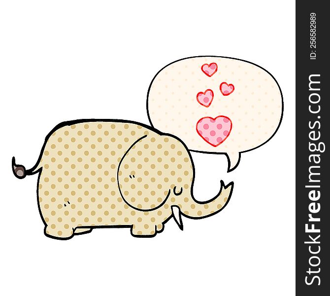 Cute Cartoon Elephant And Love Hearts And Speech Bubble In Comic Book Style