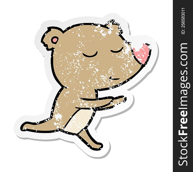 Distressed Sticker Of A Happy Cartoon Bear Running