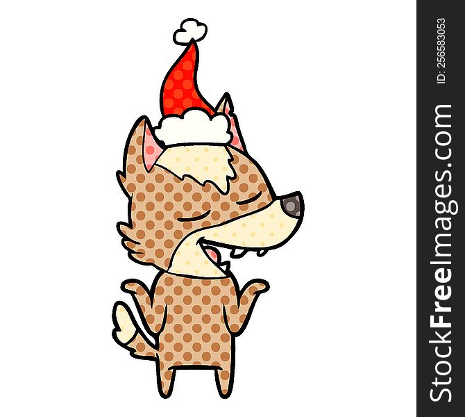 Comic Book Style Illustration Of A Wolf Laughing Wearing Santa Hat