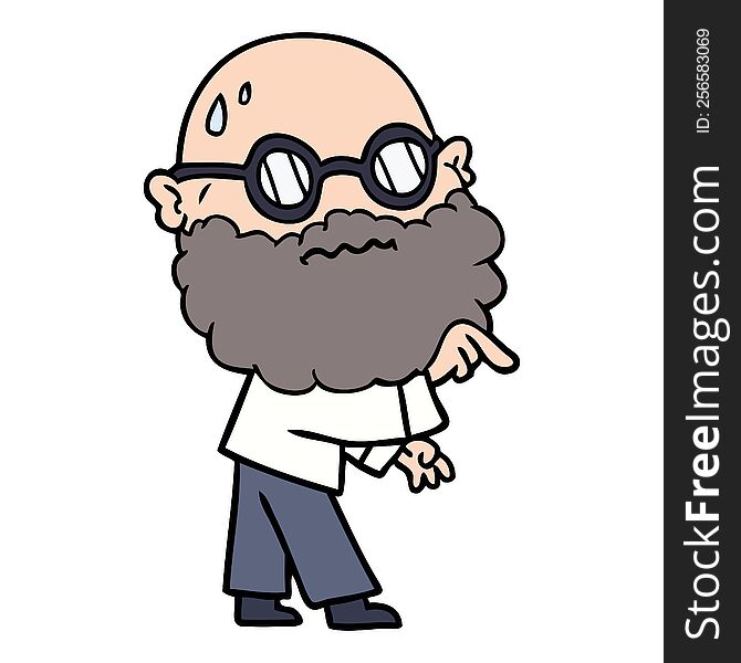 cartoon worried man with beard and spectacles pointing finger. cartoon worried man with beard and spectacles pointing finger