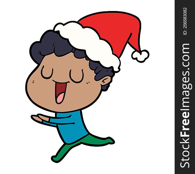 Laughing Line Drawing Of A Man Running Wearing Santa Hat