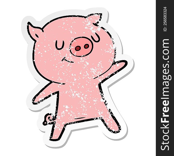 Distressed Sticker Of A Happy Cartoon Pig Waving