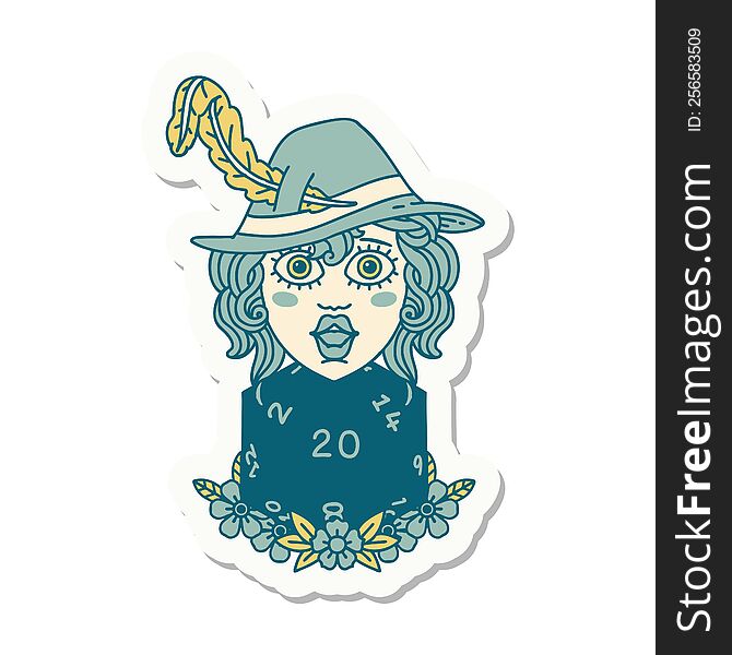 sticker of a human bard with natural 20 dice roll. sticker of a human bard with natural 20 dice roll