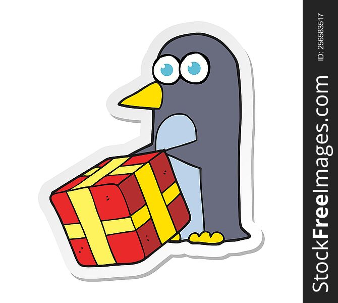 Sticker Of A Cartoon Penguin With Christmas Present