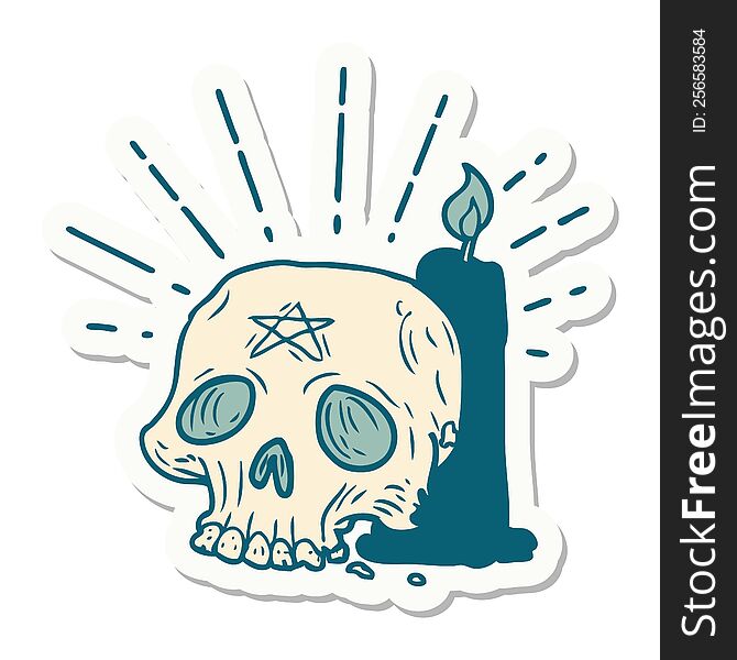 sticker of a tattoo style spooky skull and candle
