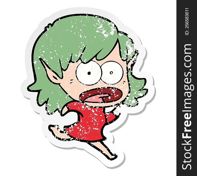 Distressed Sticker Of A Cartoon Shocked Elf Girl