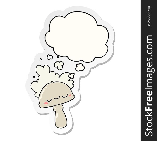 Cartoon Mushroom With Spoor Cloud And Thought Bubble As A Printed Sticker