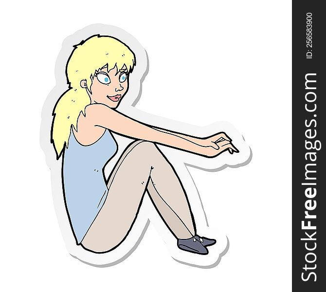 sticker of a cartoon happy woman sitting