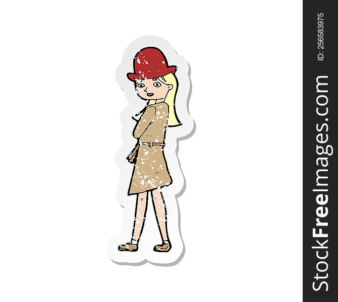 retro distressed sticker of a cartoon female spy