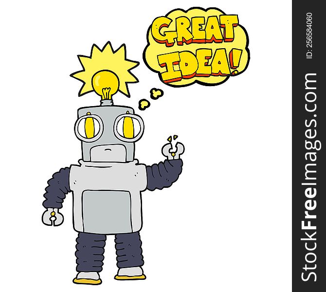 freehand drawn thought bubble cartoon robot with great idea