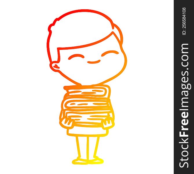 Warm Gradient Line Drawing Cartoon Smiling Boy With Stack Of Books