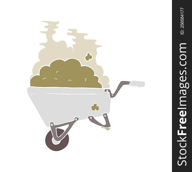 flat color illustration of a cartoon wheelbarrow full of dirt