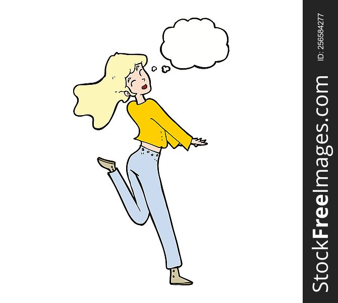 cartoon happy girl kicking out leg with thought bubble
