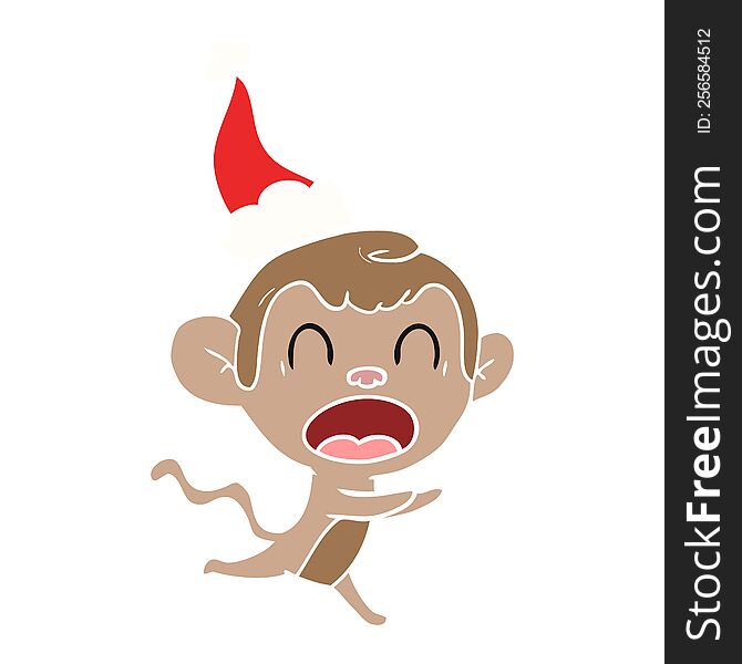 shouting hand drawn flat color illustration of a monkey wearing santa hat. shouting hand drawn flat color illustration of a monkey wearing santa hat