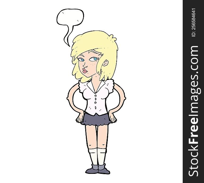 Cartoon Pretty Woman With Hands On Hips With Speech Bubble