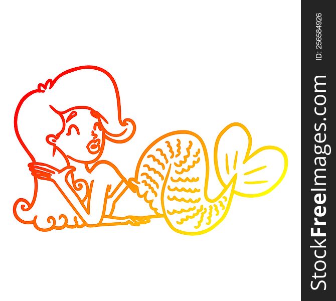 Warm Gradient Line Drawing Cartoon Mermaid