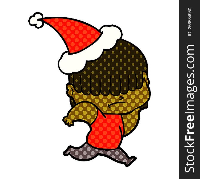 Comic Book Style Illustration Of A Boy With Untidy Hair Wearing Santa Hat