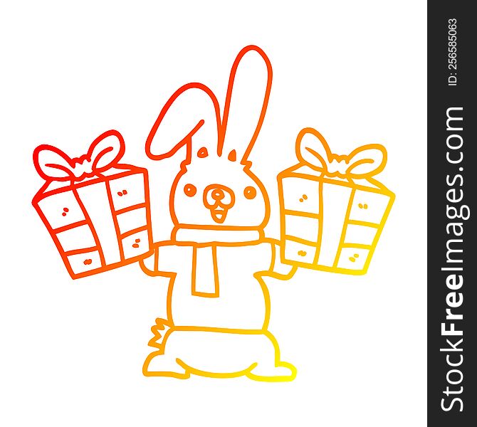 warm gradient line drawing of a cartoon rabbit with christmas presents