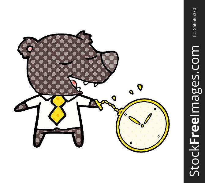 cartoon bear wearing shirt and tie holding watch. cartoon bear wearing shirt and tie holding watch