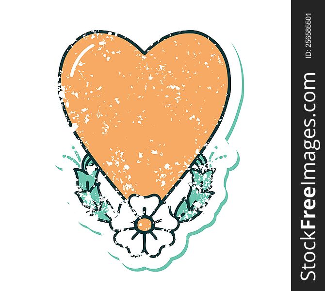 Distressed Sticker Tattoo Style Icon Of A Heart And Flower