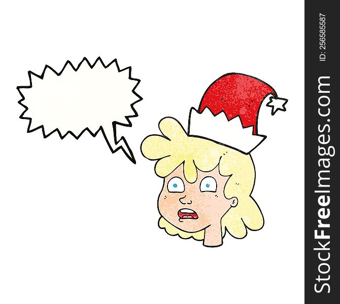 Speech Bubble Textured Cartoon Woman Wearing Christmas Hat