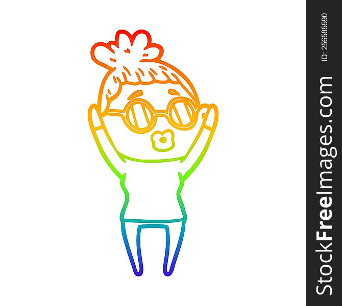 Rainbow Gradient Line Drawing Cartoon Woman Wearing Sunglasses