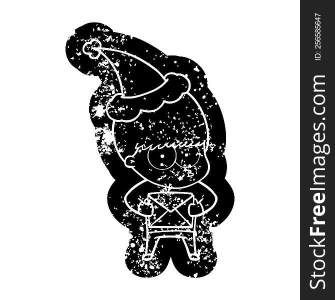 nervous quirky cartoon distressed icon of a boy wearing santa hat