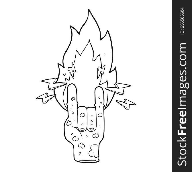 freehand drawn black and white cartoon zombie hand making horn sign