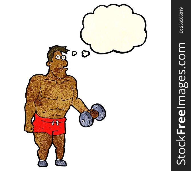 cartoon man lifting weights with thought bubble