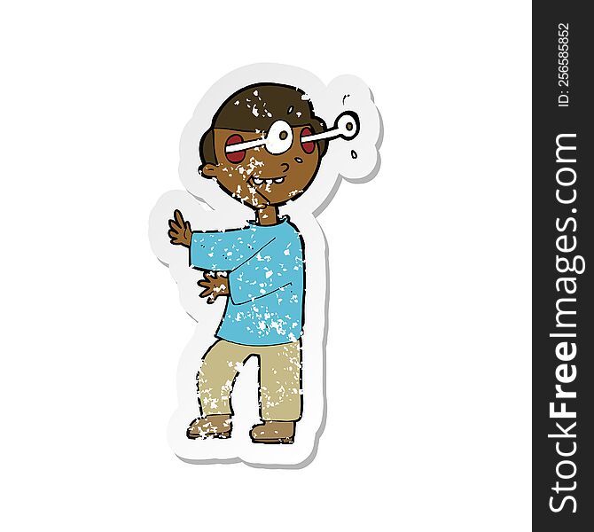 retro distressed sticker of a cartoon boy with popping out eyes