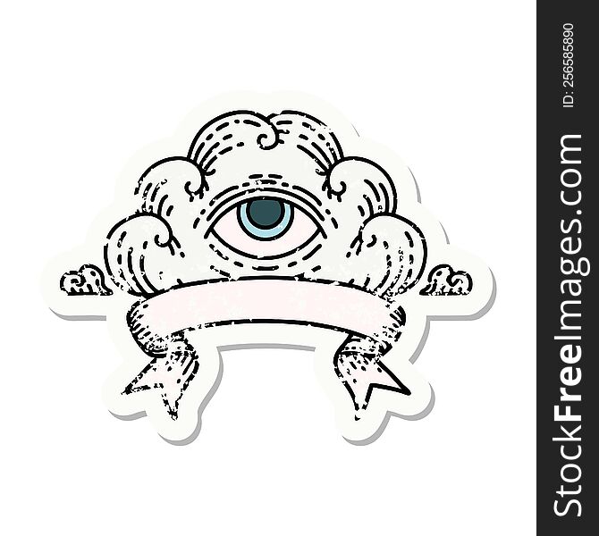 Grunge Sticker With Banner Of An All Seeing Eye Cloud