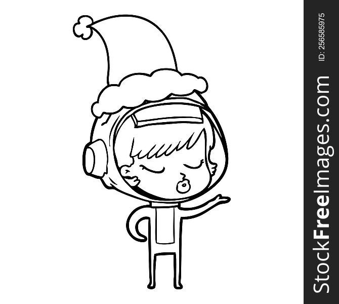 hand drawn line drawing of a pretty astronaut girl wearing santa hat