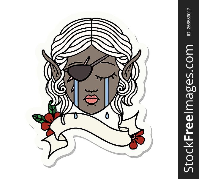 sticker of a crying elf rogue character face. sticker of a crying elf rogue character face