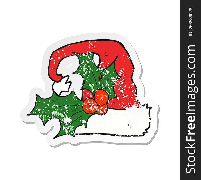 retro distressed sticker of a cartoon christmas holly hat