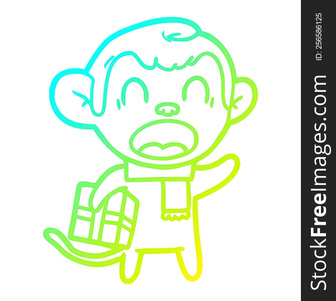 Cold Gradient Line Drawing Shouting Cartoon Monkey Carrying Christmas Gift