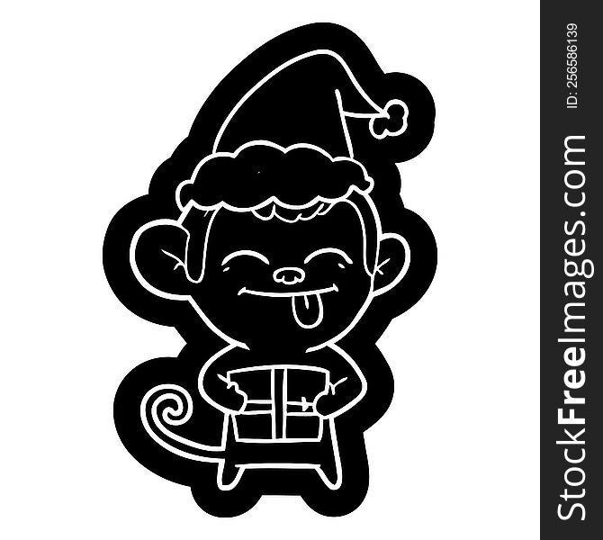 Funny Cartoon Icon Of A Monkey With Christmas Present Wearing Santa Hat