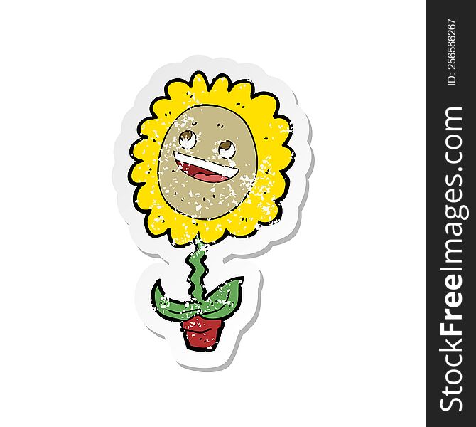 retro distressed sticker of a cartoon happy sunflower