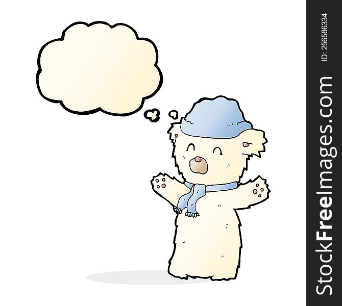 Cartoon Cute Polar Bear In Hat And Scarf With Thought Bubble