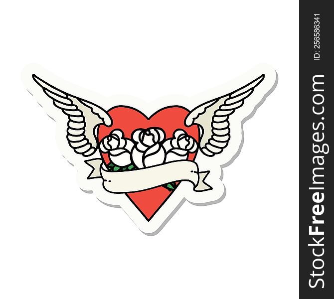 sticker of tattoo in traditional style of heart with wings flowers and banner. sticker of tattoo in traditional style of heart with wings flowers and banner