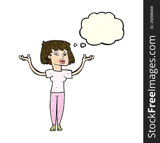 Cartoon Woman Holding Up Hands With Thought Bubble