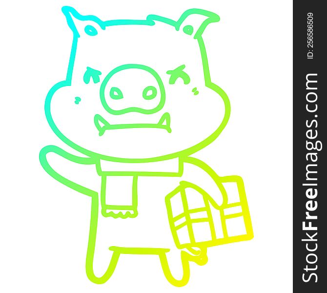 cold gradient line drawing of a angry cartoon pig with christmas gift