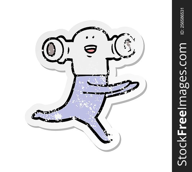 distressed sticker of a friendly cartoon alien running