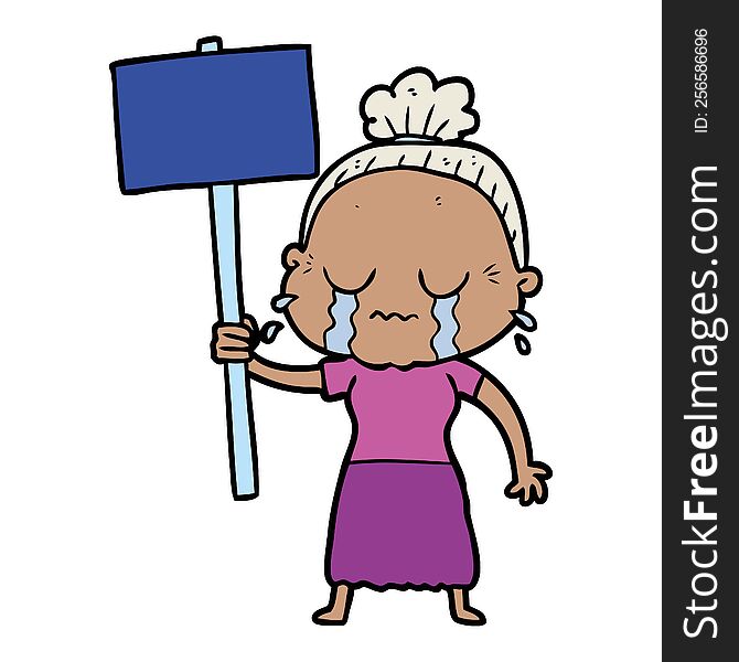 cartoon old woman crying while protesting. cartoon old woman crying while protesting