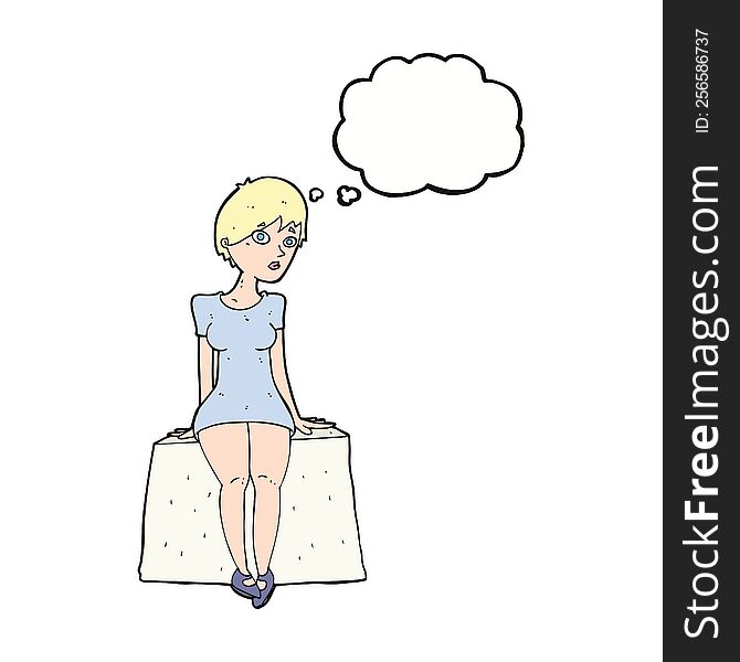 cartoon curious woman sitting with thought bubble