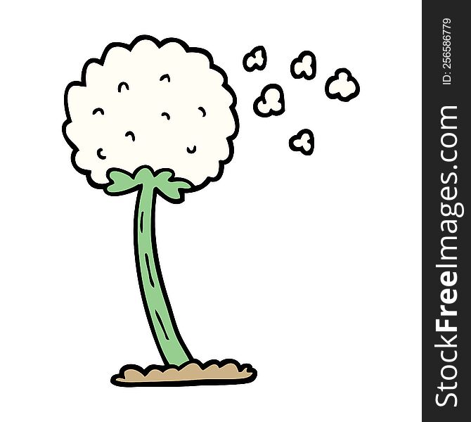 hand drawn doodle style cartoon dandelion blowing in wind