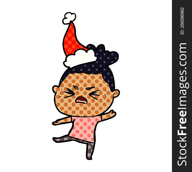 hand drawn comic book style illustration of a angry woman wearing santa hat