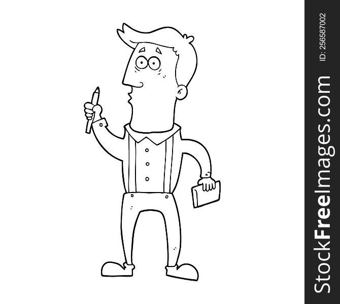 freehand drawn black and white cartoon man with notebook