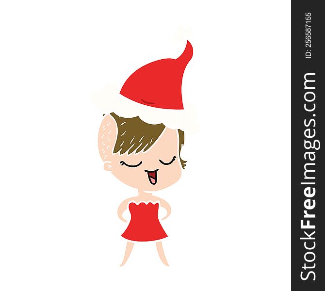 happy hand drawn flat color illustration of a girl in cocktail dress wearing santa hat