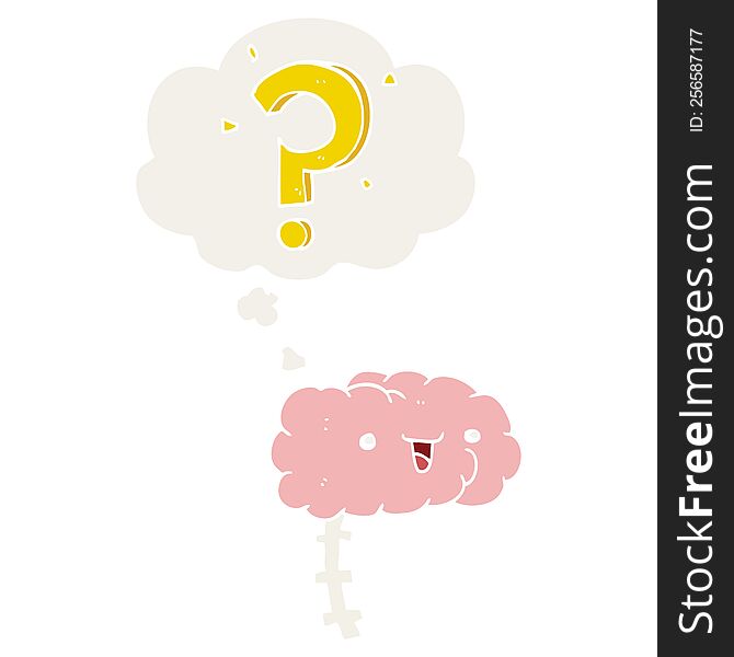 cartoon curious brain with thought bubble in retro style
